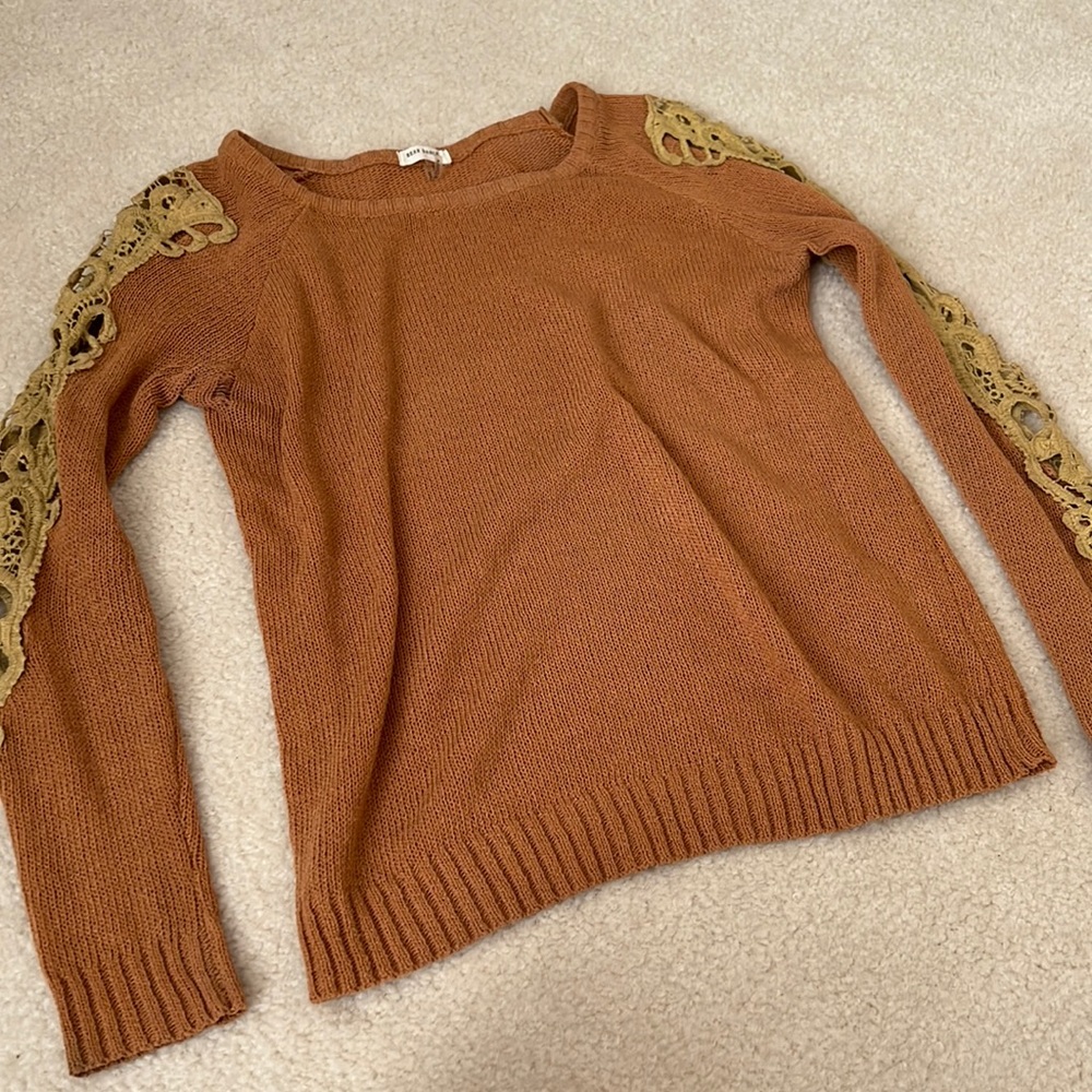 Camel colored lace appliqué sweater
